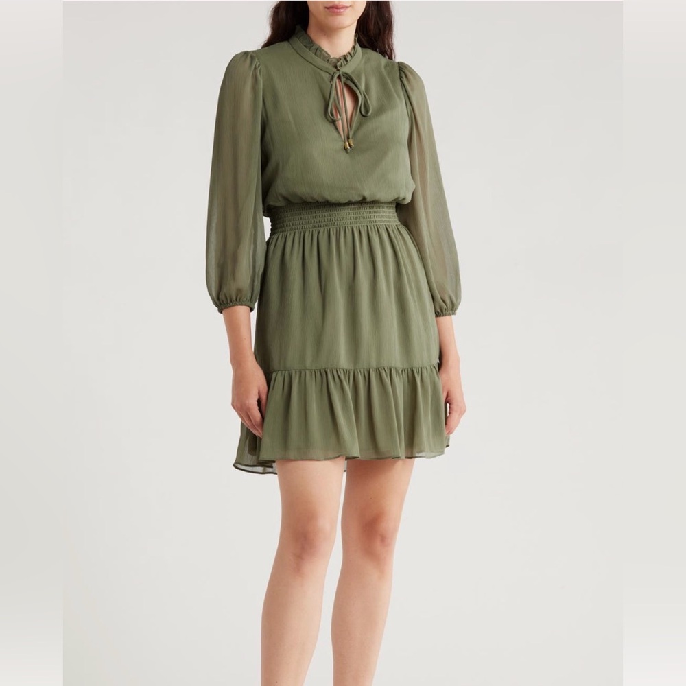 Vince Camuto Elegant Chiffon Tiered Olive Green Dress